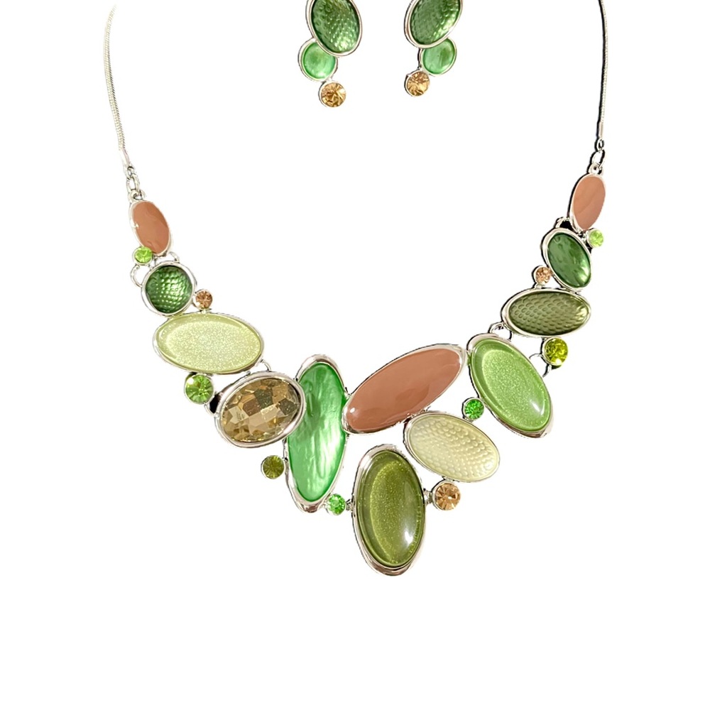 1176-Statement Metal Epoxy Necklace Set-Green/Multi - Picture 3 of 3